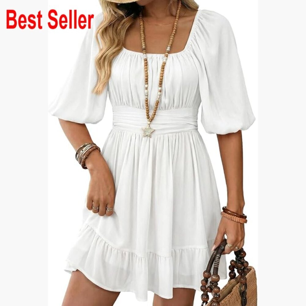 Square Neck Tie Back Lantern Sleeve Ruffle A-Line Casual Dress